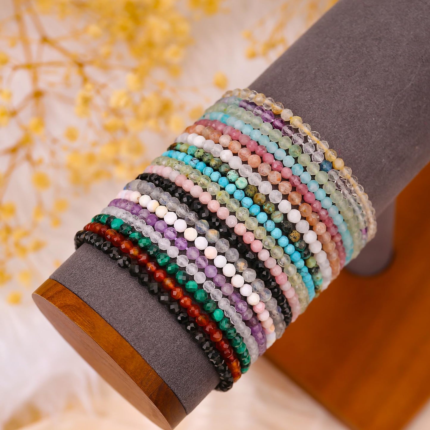 BONNY BOXX Natural Genuine Gemstone Faceted Round Beads Bracelet, 3mm Adjustable Stretchy Tiny Faceted Black Shell, Healing Crystal Reiki Chakra Dainty Jewelry Fashion Gifts