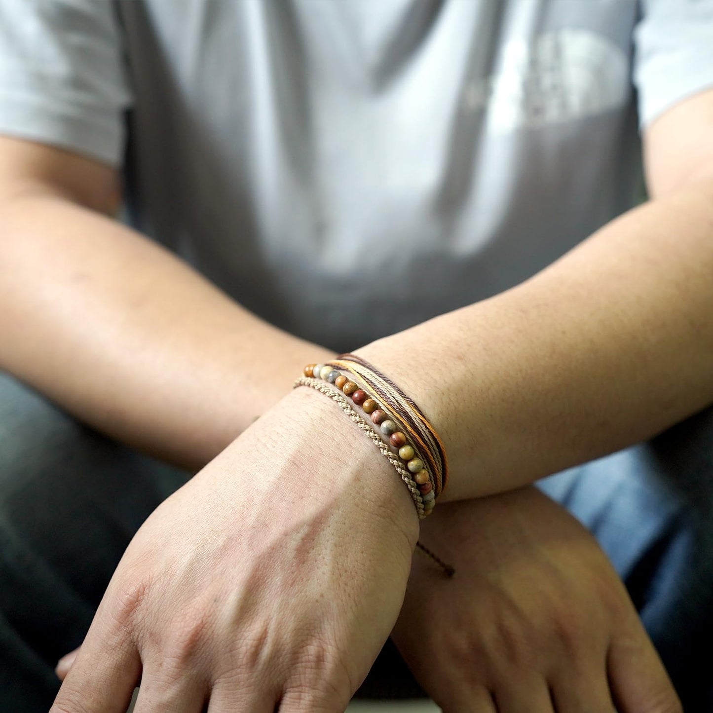 Handmade Natural Stone Beaded Healing Bracelet Gift for Men Adjustable Rope String Bracelet (Crazy Agate, Adjustable)