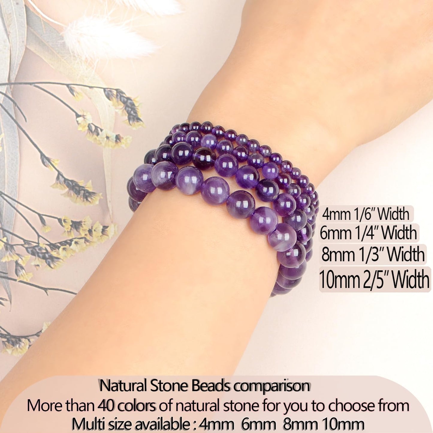 LPBeads Handmade Natural Gemstone Stretch Elastic 6m Amethyst Bracelet Healing Crystal Round Stone Beads Jewelry Gifts for Women Men