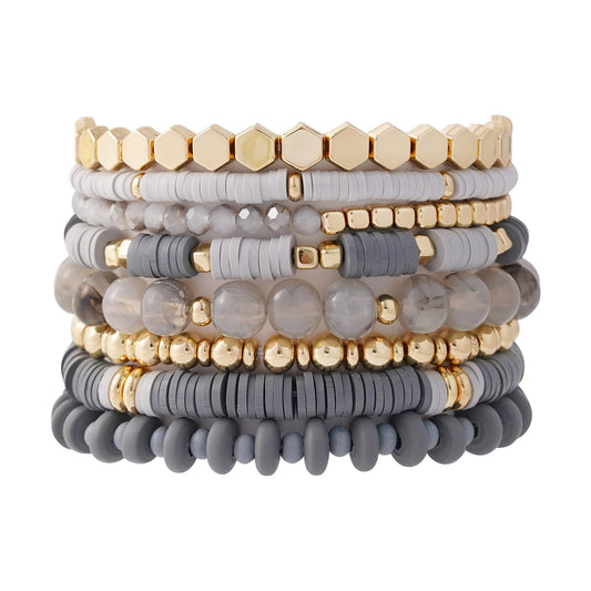 GOOJIDS Grey Surfer Heishi Clay Bead Bracelets for Women Bohemian Stackable Gold Plated Beaded Stretch Bracelets Elastic Layering Friendship Bracelets Set Boho Jewelry
