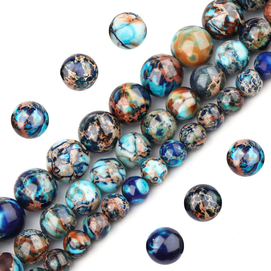 Filluck Natural Stone Beads 8mm Mixed Blue Imperial Jasper Polished Round Smooth Gemstone Beads for Jewelry Making Adults 15 Inch(Mixed Blue Imperial Jasper,8mm)