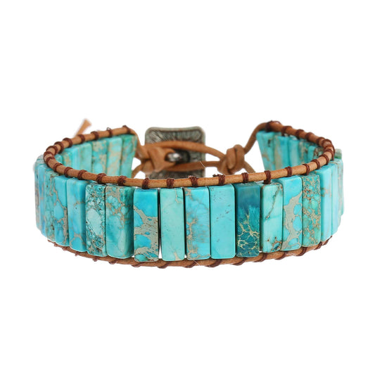 Plumiss Leather Chakra Handmade Turquoise Blue Imperial Jasper Healing Stone Wrap Adjustable Bead Bracelet Gift for Women Men