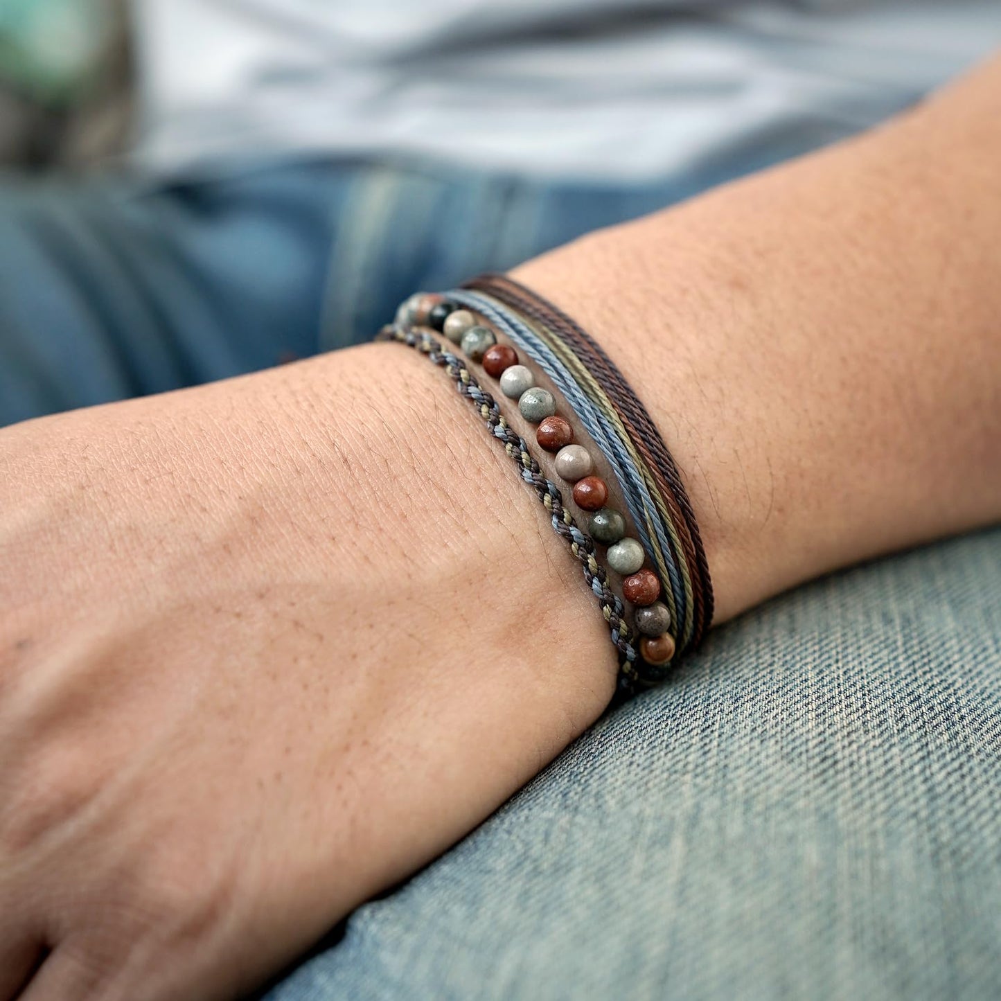 Handmade Natural Stone Beaded Healing Bracelet Gift for Men Adjustable Rope String Bracelet (Picture Jasper（Blue）, Adjustable)