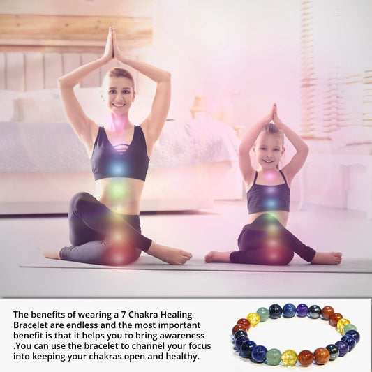 ANAYA AGATE 7 Chakra Bracelet, Natural Healing Crystal Bracelet for Women, Men, 8mm Round Beaded Bracelet for Spiritual Healing, Protection, Positive Energy, Elastic Adjustable Gemstone Bead Bracelet