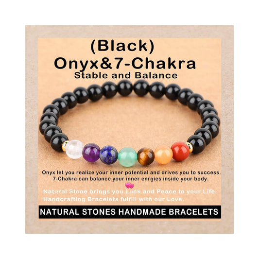 AD Beads Handmade Gemstone Stretch Elastic Bracelet Crystal Healing Reiki Nature's Beauty and Spiritual Essence Unisex (6mm, Onyx & 7-Chakra (Stable and Balance))