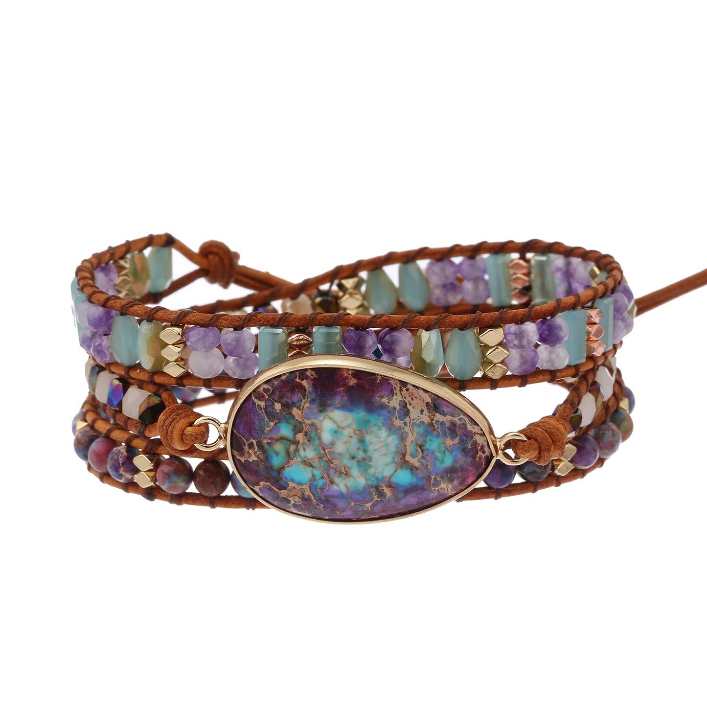 Plumiss Boho Handmade Blue Purple Imperial Jasper Stone Crystal Hematite Mixed Bead 3 Wraps Bracelets