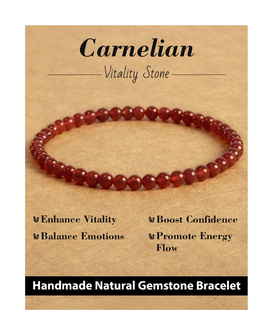Landorilo Beaded Bracelet for Men Women, 4mm Natural Stone Carnelian Healing Crystal Stretch Bracelets, Ideal Christmas Birthday Jewelry Gifts with Energy Card，Replacement Beads Included