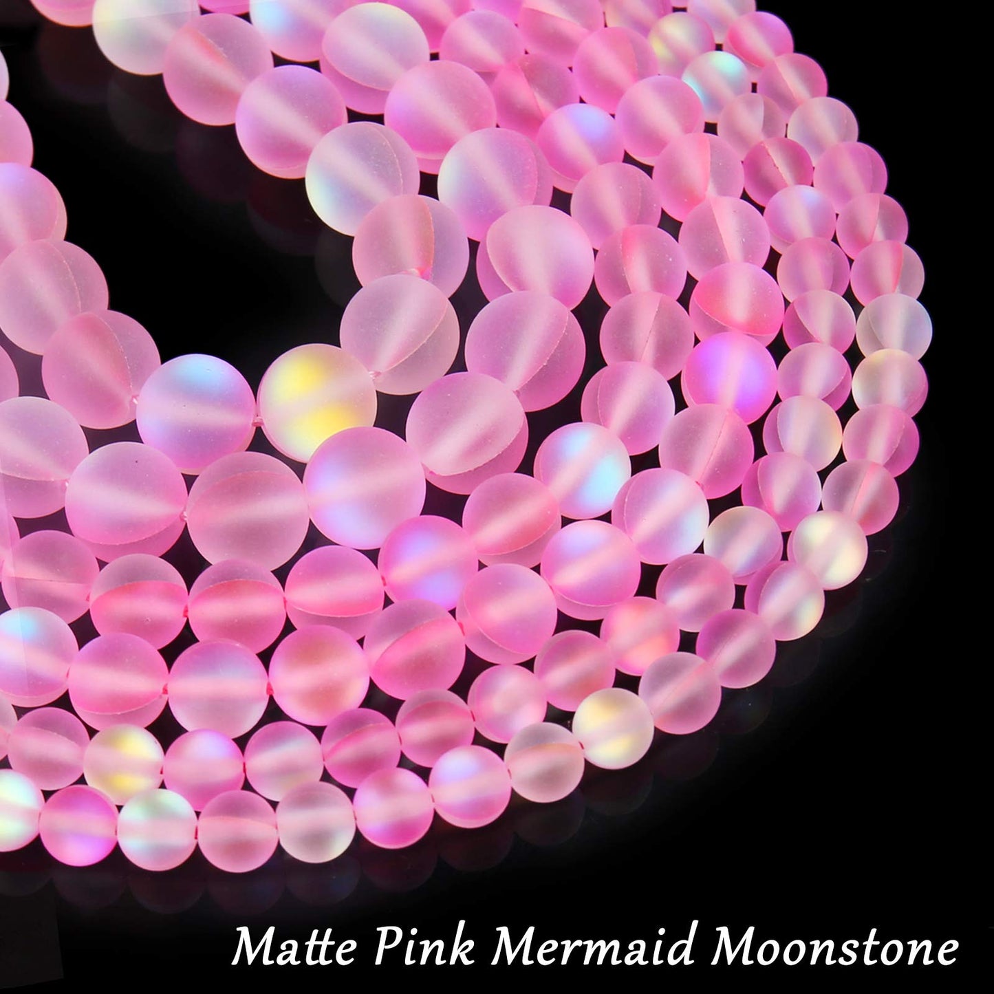 Matte Pink Aurora Crystal Glass Beads, 8MM Frosted Glitter Shining Mermaid Round Loose Beads, Rainbow Holographic Synthetic Moonstone for Jewelry Making DIY Bracelet