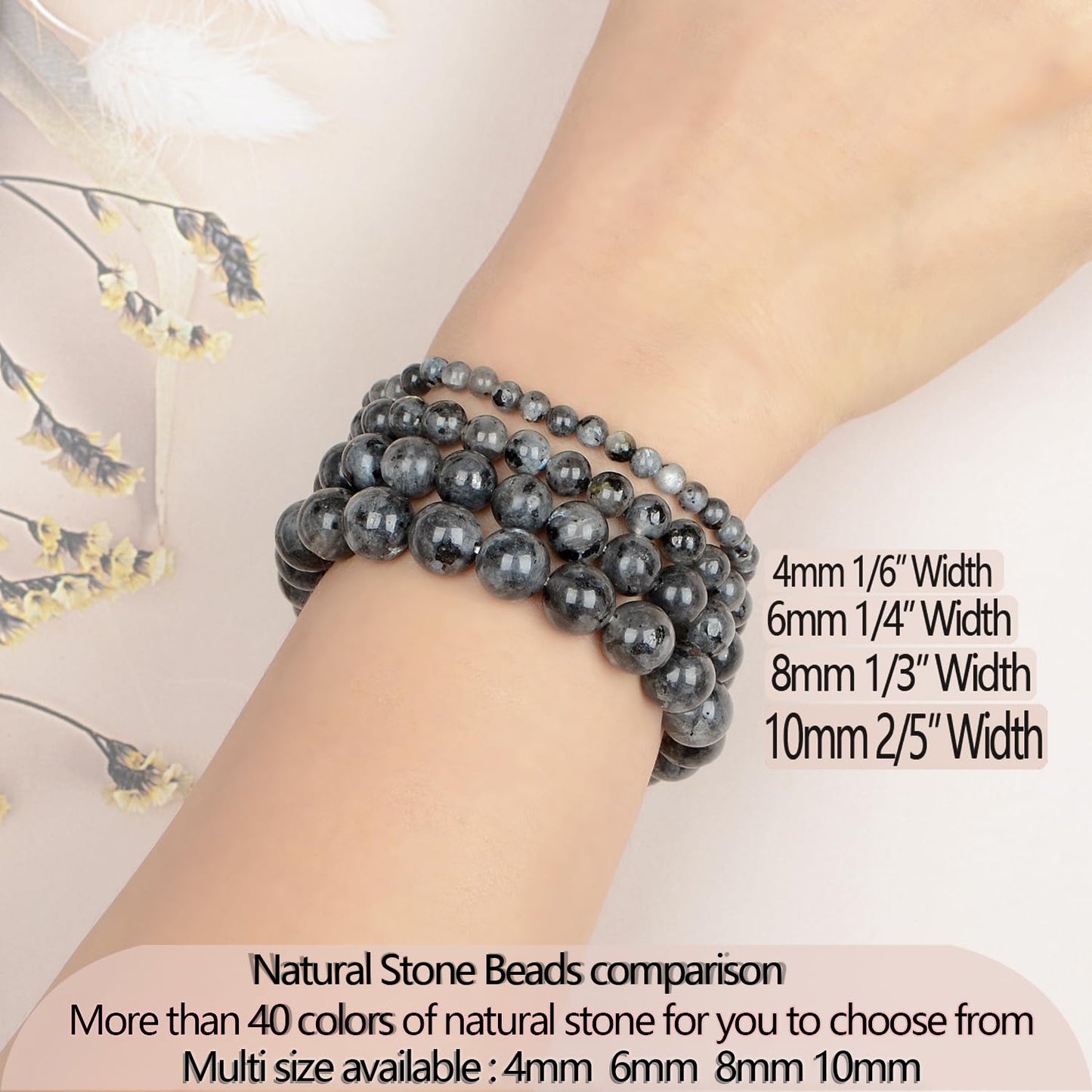 LPBeads Handmade Natural Gemstone Stretch Elastic 10mm Black Larvikite Bracelet Healing Crystal Round Stone Beads Jewelry Gifts for Women Men
