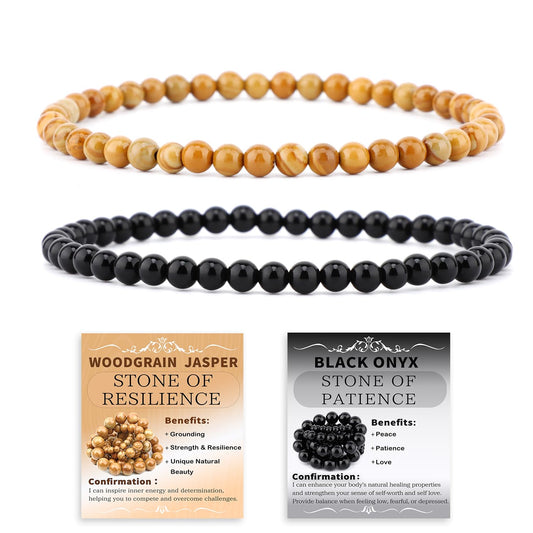 NCB 2-Piece 4mm Natural Crystal Gemstone Stretch Bracelets – ﻿Black Onyx, Woodgrain Jasper Handmade Reiki Energy Healing Jewelry for Meditation,Yoga, Unisex