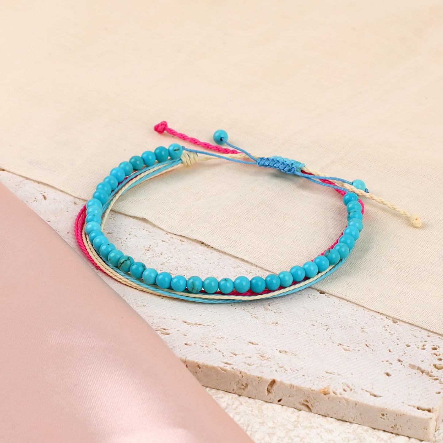 LPBeads 4mm Blue Turquoise Bracelet with Handmade Rope Bracelet Size Adjustable Stone Crystal Healing Bracelets Gifts for Unisex Adults