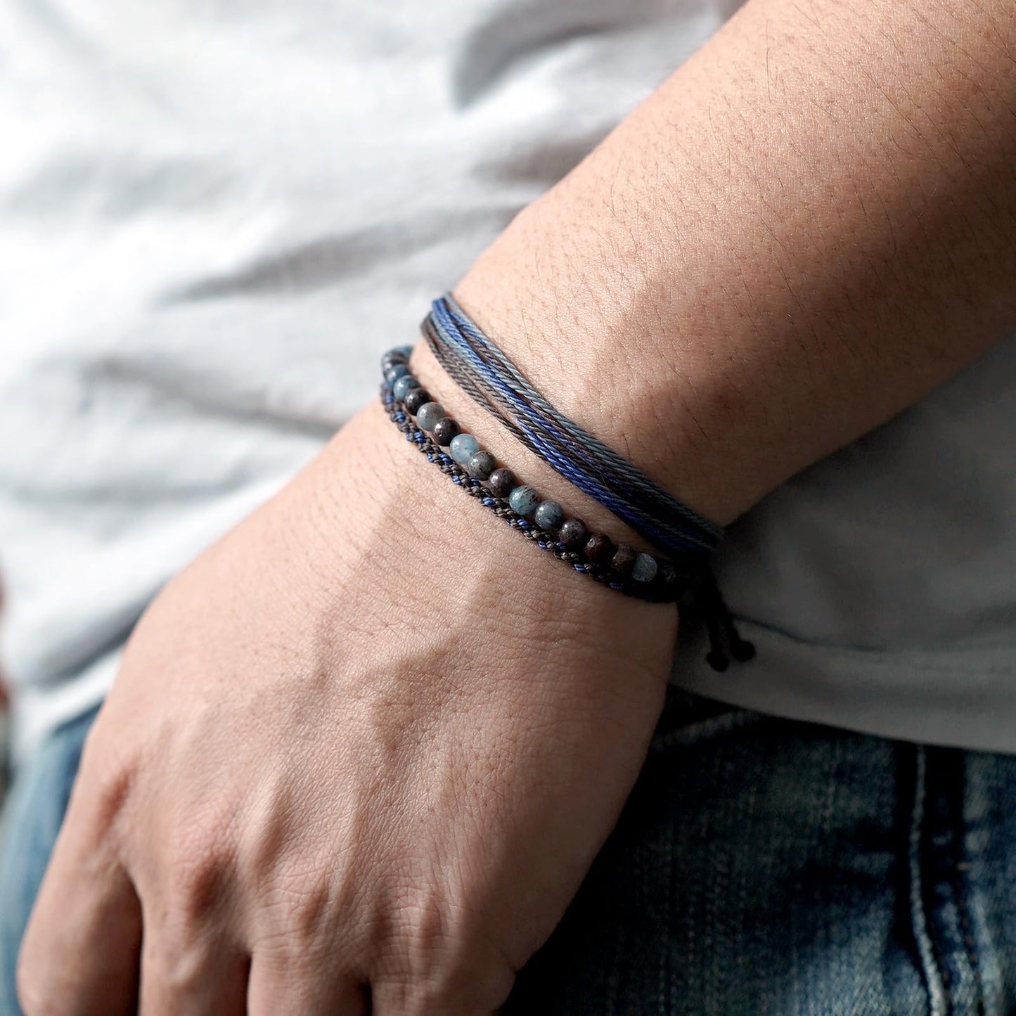Handmade Natural Stone Beaded Healing Bracelet Gift for Men Adjustable Rope String Bracelet (Blue/Coffee Jasper, Adjustable)