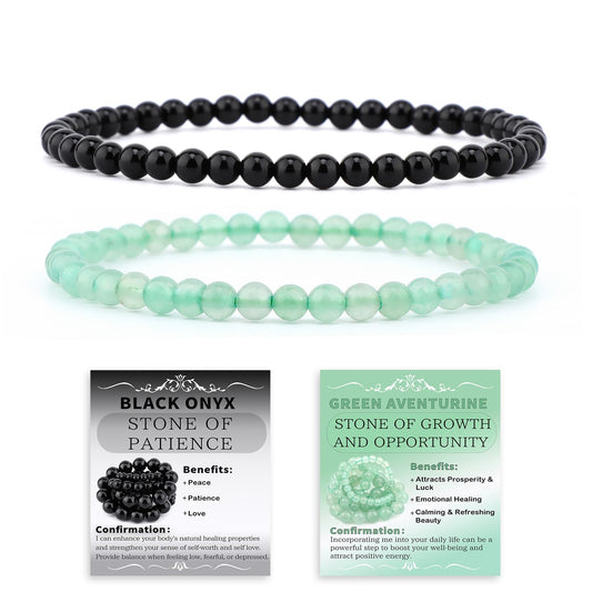 NCB 2-Piece 4mm Natural Crystal Gemstone Stretch Bracelets – ﻿Black Onyx, Green Aventurine Handmade Reiki Energy Healing Jewelry for Meditation,Yoga, Unisex