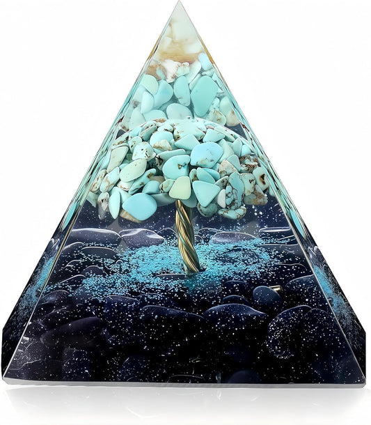 Handmade 2.36inch Tree of Life Crystal Pyramid Turquoise&Blue Sandstone Quartz Healing Crystal for Reduce Stres Meditation Protection, Decoration,Gifts