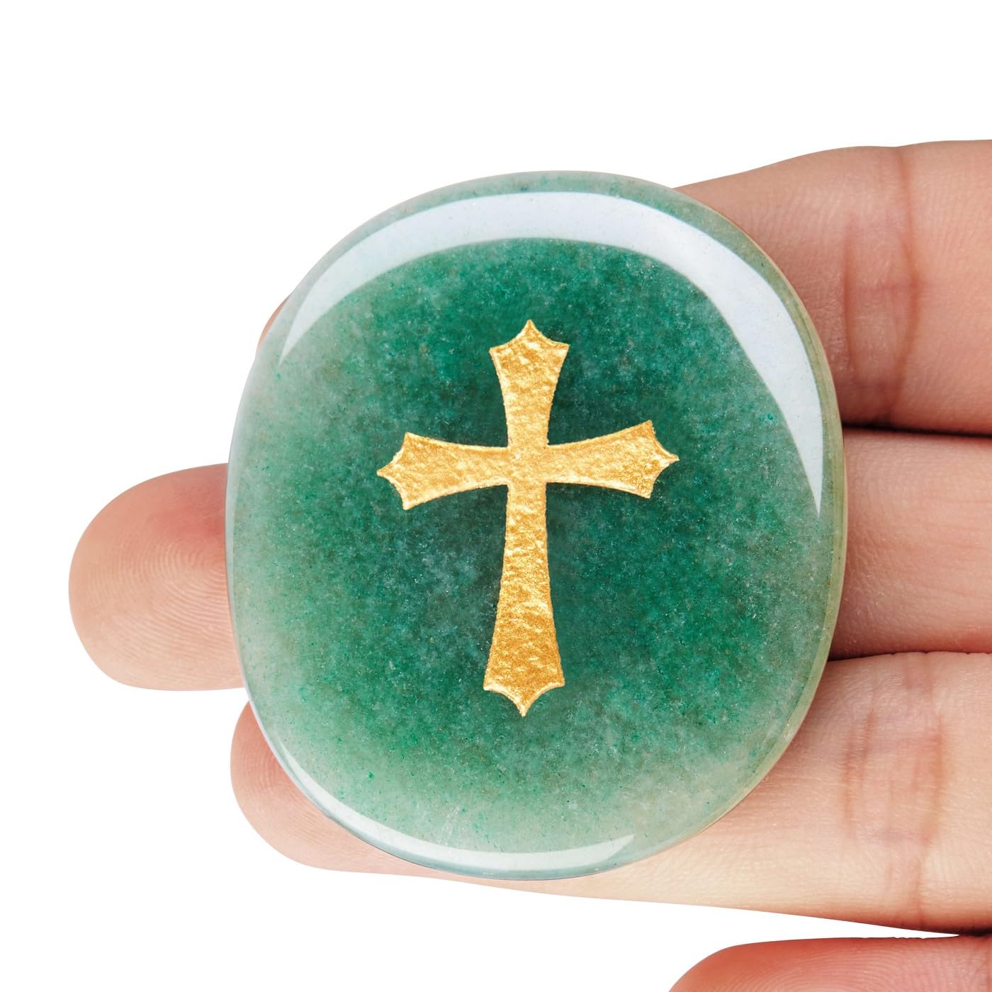 LAIDANLA Green Aventurine Cross Engraved Healing Crystal Worry Stones for Pray Faith Anxiety Relief Oval Palm Stone Polished Natural Crystal Gifts