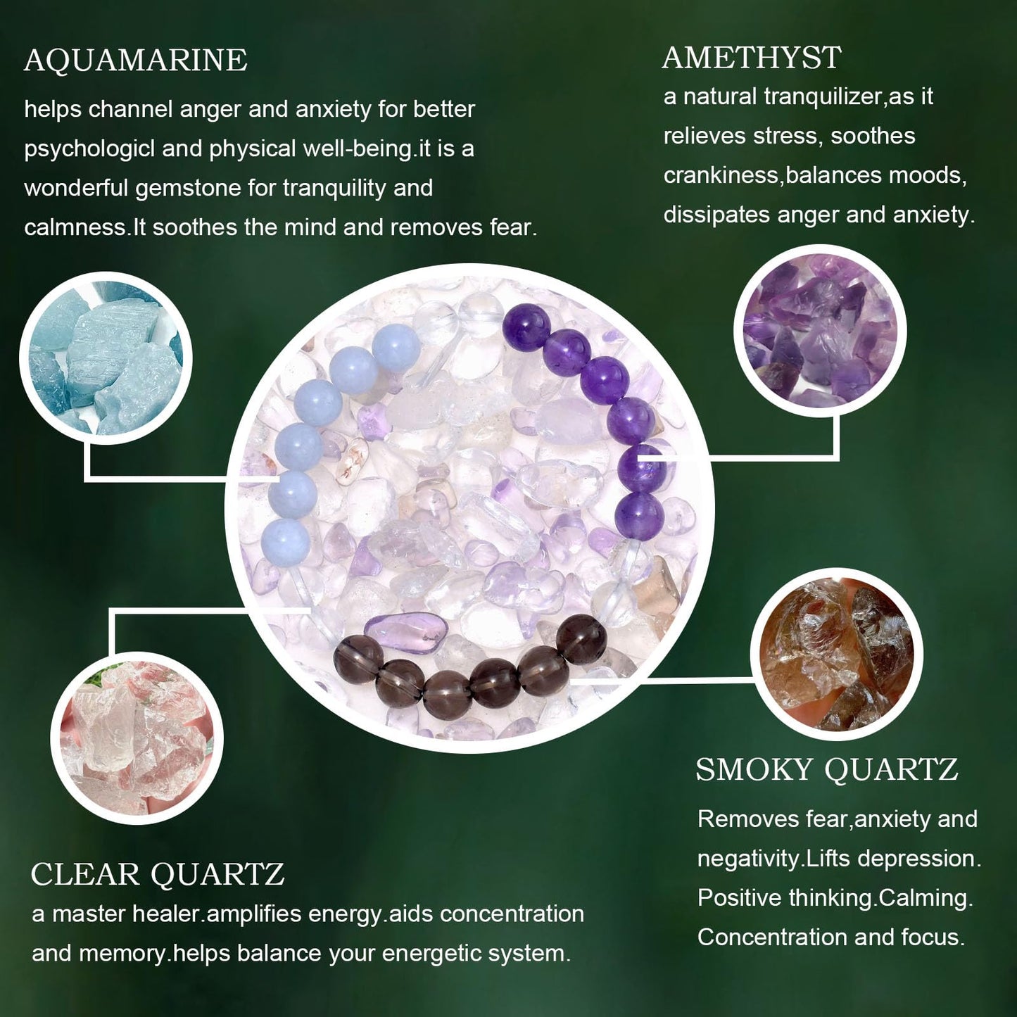 Ayriwoyi Anxiety Bracelet for Women Healing Crystal Stone Amethyst Aquamarine Beaded Bracelets For women Clear Quartz Bracelet