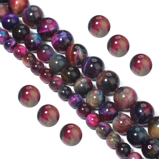 Yochus Natural Tiger Eye Beads, 60Pcs 6MM Milky Way Reddish Blue Color Enhance Round Loose Stone Bulk, DIY Charm Smooth Gemstone Beads for Jewelry Making