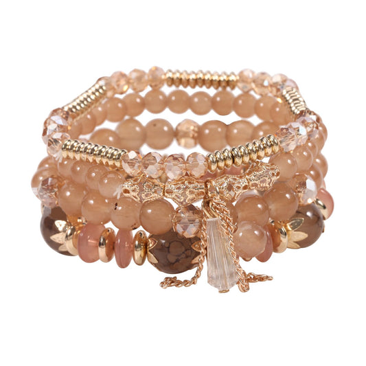 LOTSOF Bohemian Green Jade Stackable Bracelet Set - 4-Layer Stretch Beaded Bracelets with Gold Accents, Boho Jewelry for Women, Fashion Statement Accessory (Gift Ready) (Brown)
