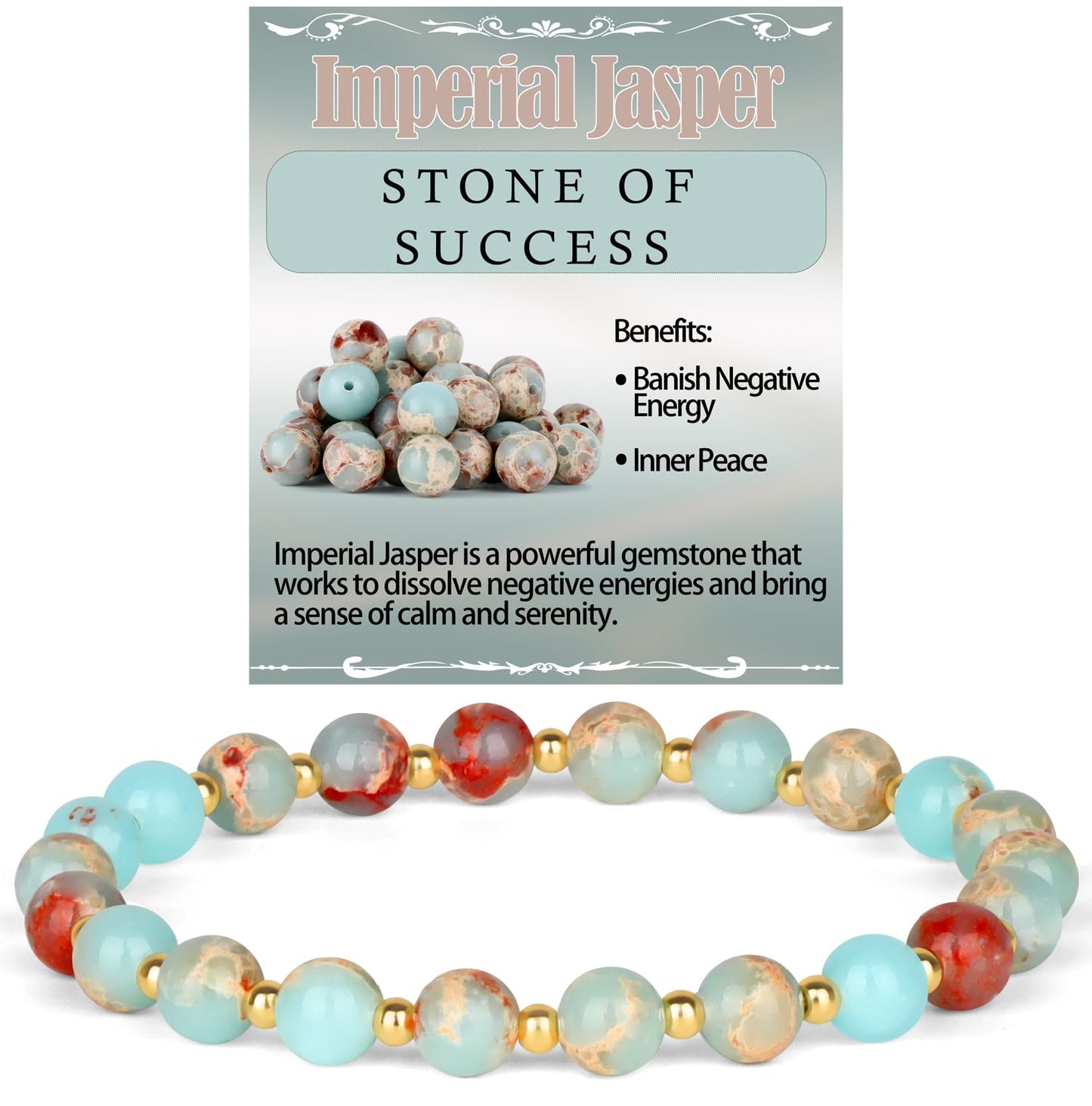 QOGIR Imperial Jasper - Stone of Success - 14K Gold Plated Beads Natural Gemstone Stretch Elastic Dainty Healing Beaded Bracelets Gifts 6mm