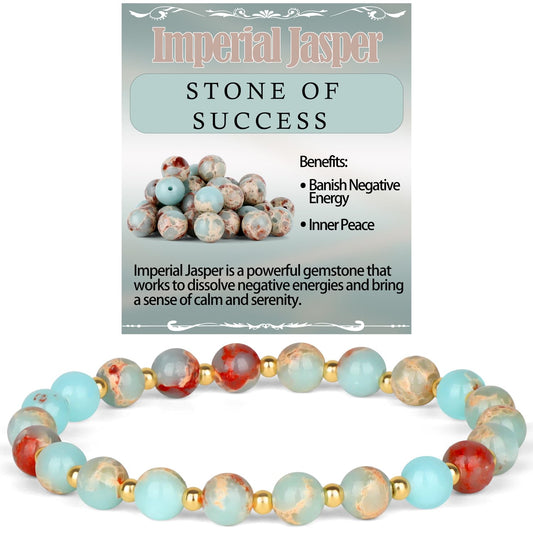 QOGIR Imperial Jasper - Stone of Success - Stainless Silver Beads Natural Gemstone Stretch Elastic Dainty Healing Beaded Bracelets Gifts 6mm