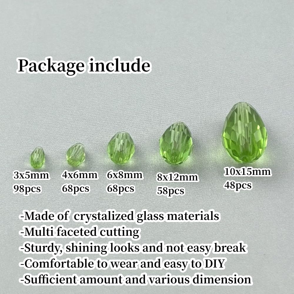 Xinhongo 340pcs Teardrop Crystal Glass Beads 3x5mm 4x6mm 6x8mm 8x12mm 10x15mm Vertical Hole Faceted Glass Spacer Beads for Necklace Bracelet Earrings DIY Jewelry Crafts(Light Green)