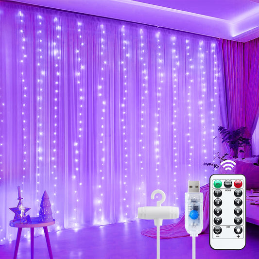 Minetom Purple Curtain Lights, 300 LED Dimmable Fairy Lights, USB Powered, 1 Pack, 8 Modes