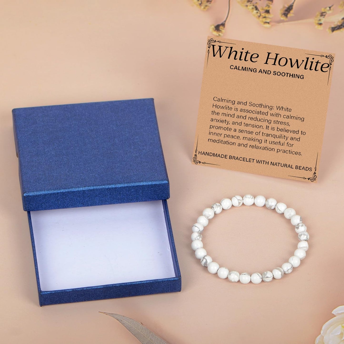 LPBeads Handmade Natural Gemstone Stretch Elastic 6mm White Howlite Bracelet Healing Crystal Round Stone Beads Jewelry Gifts for Women Men