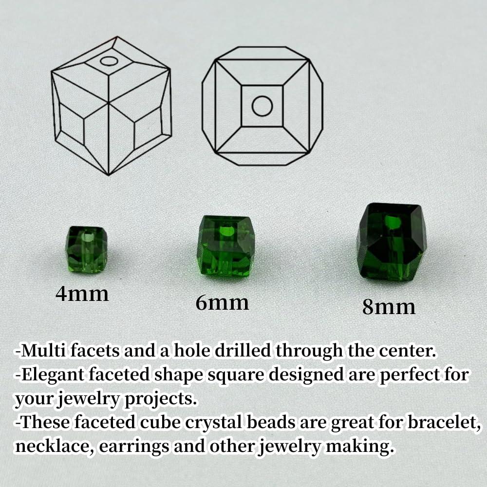 YUEXIGO 200pcs 4mm Cube Crystal Glass Beads for Jewelry Making Faceted Square Crystal Glass Bead Spacer Beads Loose Beads for Bracelet Earring Necklace DIY Craft(Dark Green)