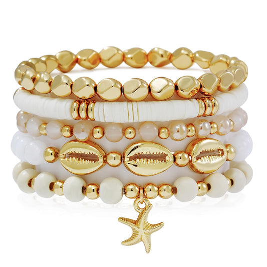 GOOJIDS Surfer Heishi Clay Bead Bracelets for Women Starfish Stackable Gold Plated Beaded Stretch Bracelets Elastic Layering Friendship Bracelets Set Jewelry