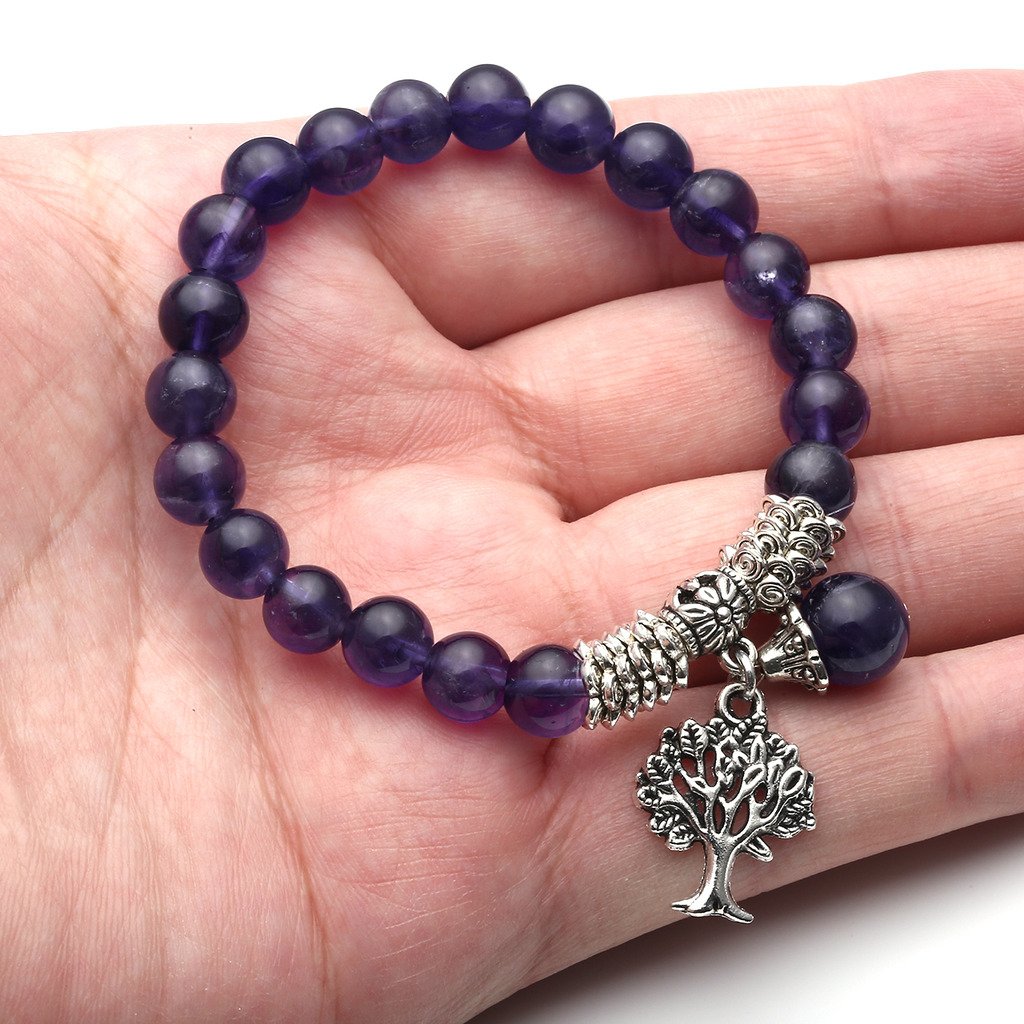 Jovivi 8MM Purple Amethyst Natural Gemstone Healing Crystals Point Life Tree Lucky Charm Stretch Bracelet