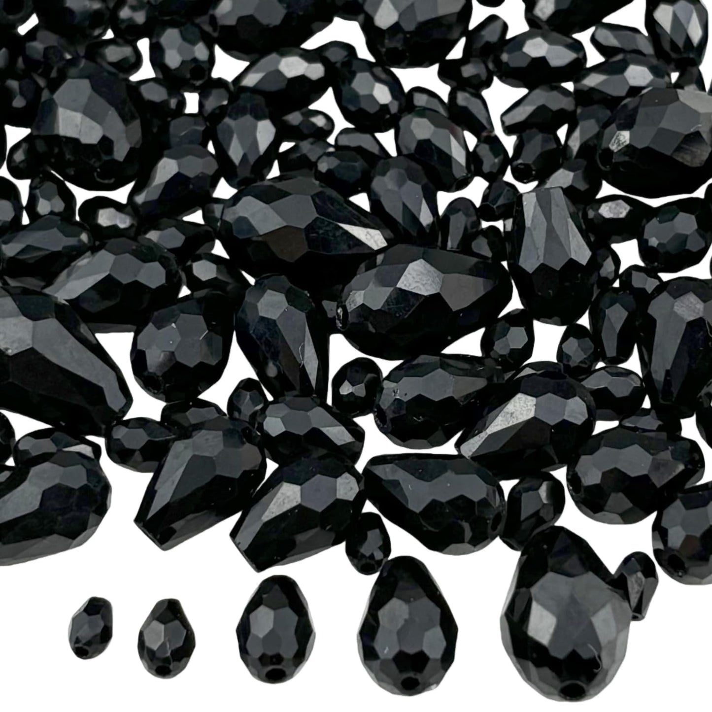 Xinhongo 340pcs Teardrop Crystal Glass Beads 3x5mm 4x6mm 6x8mm 8x12mm 10x15mm Vertical Hole Faceted Glass Spacer Beads for Necklace Bracelet Earrings DIY Jewelry Crafts(Black)