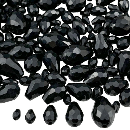 Xinhongo 340pcs Teardrop Crystal Glass Beads 3x5mm 4x6mm 6x8mm 8x12mm 10x15mm Vertical Hole Faceted Glass Spacer Beads for Necklace Bracelet Earrings DIY Jewelry Crafts(Black)