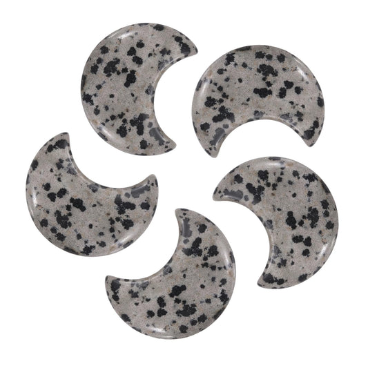 MECCANIXITY 5 Pcs Moon Crystal Worry Stone, 1.2 Inch Length Natural Spotted Jasper Moon Gemstone Bulk, Carved Pocket Stones for Meditation Balancing Pendant Decor
