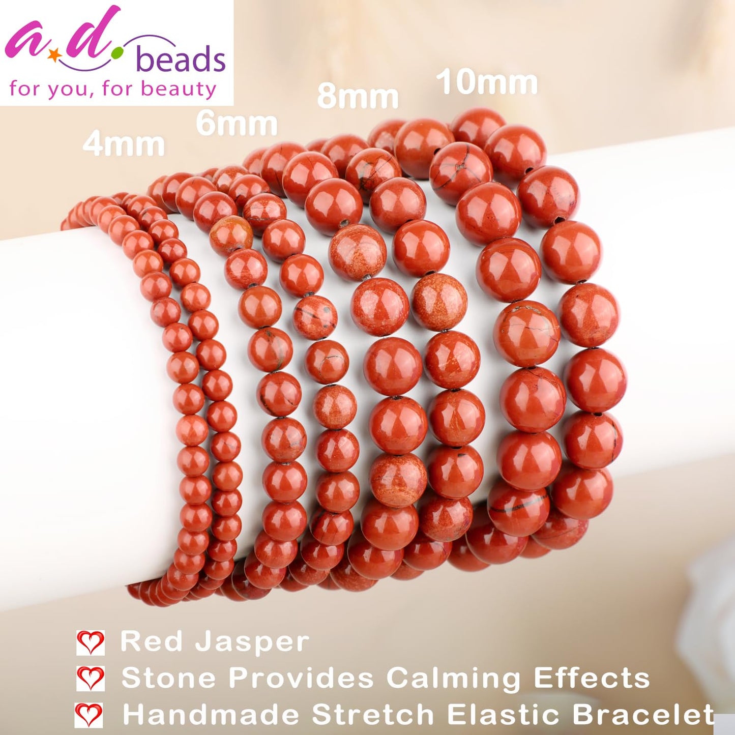 AD Beads 10mm Handmade Red Jasper Elastic Bracelet – Natural Gemstone for Stone provides Calming Effects – Meditation, Yoga, Healing and Energy Gift for Men Women