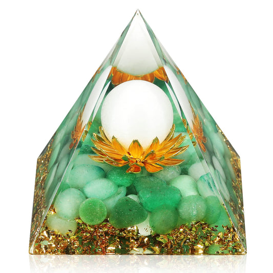 Hopeseed Orgone Pyramid Flower of Life Crystals and Healing Stones Orgonite Pyramids for Positive Energy with Green Aventurine and White Jade Crystal that Promotes Prosperity and Good Luck