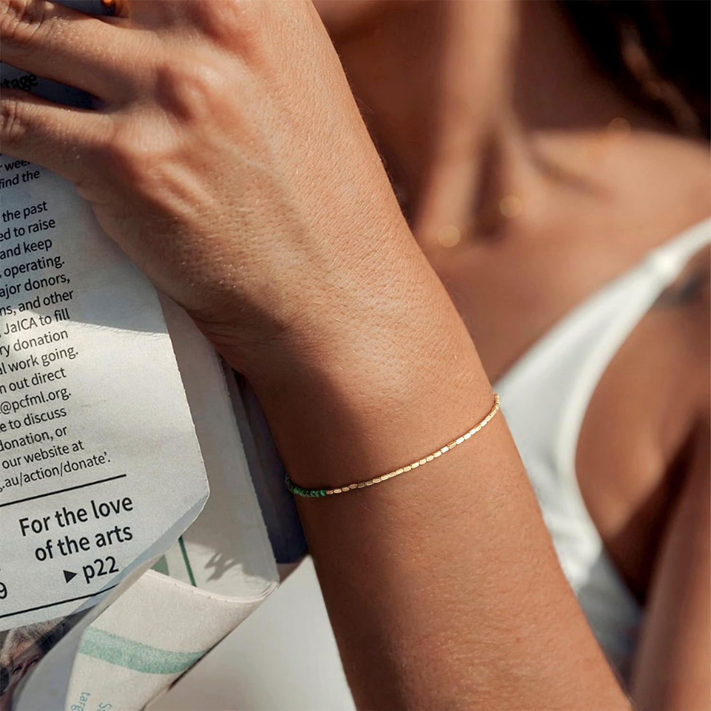 MYEARS Women Beaded Bracelet Gold Gemstone Malachite 14K Simple Dainty Handmade Chain Everyday Boho Beach Jewelry