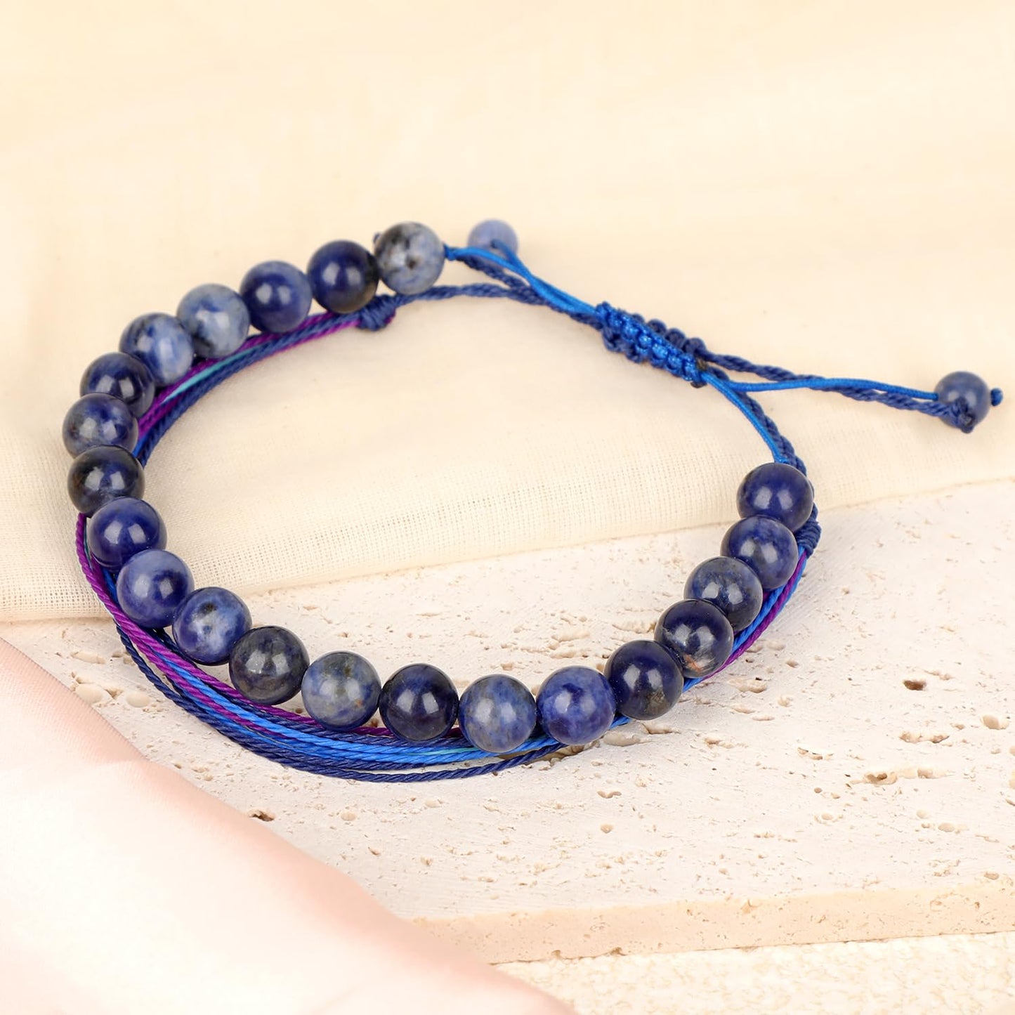 LPBeads 8mm Blue Sodalite Bracelet with Handmade Rope Bracelet Size Adjustable Natural Stone Crystal Healing Bracelets Gifts for Unisex Adults