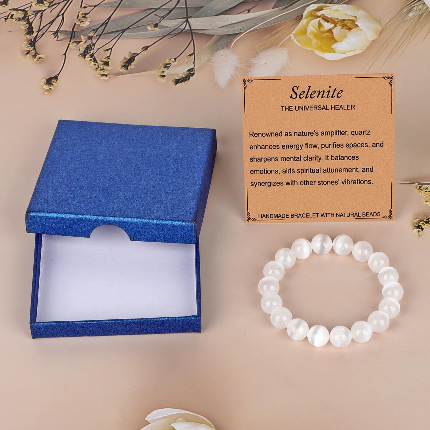 LPBeads Handmade Natural Gemstone Stretch Elastic 10mm White Selenite Bracelet Healing Crystal Round Stone Beads Jewelry Gifts for Women Men