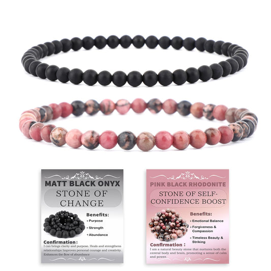NCB 2-Piece 4mm Natural Crystal Gemstone Stretch Bracelets – ﻿Pink Black Rhodonite, Matte Black Agate Handmade Reiki Energy Healing Jewelry for Meditation,Yoga, Unisex