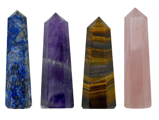 Amazing Gemstone Set of 4 Lapis Lazuli, Tiger Eye, Amethyst, Rose Quartz Crystal Towers - Natural Healing Crystal Point Obelisk for Reiki Healing and Crystal Grid (2 Inch to 3 Inch)