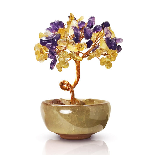 Janyortrenner Amethyst Citrine Crystal Tree,Dual Color Art Decor with Copper Wire Sculpture in Crackle Base,Imagination Gift