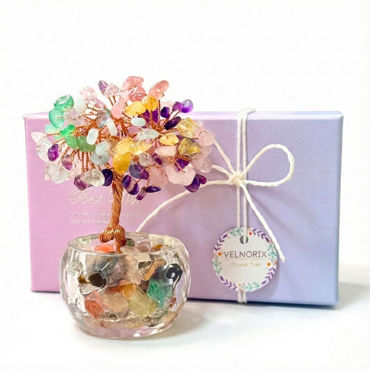 VELNORIX 7 Chakra Crystal Tree of Life - Natural Mixed Gemstone Feng Shui Bonsai - Healing Crystals Decor for Home Office, Balance & Positivity - Spiritual Gifts for Women (Multicolor)