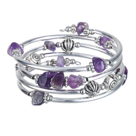 FULU AUTUMN Stone Silver Bangle Wrap Bracelet Boho Turquoise Crystal Chips Bead Bracelets Fashion Jewelry Birthday Gifts for Women(19-Purple)