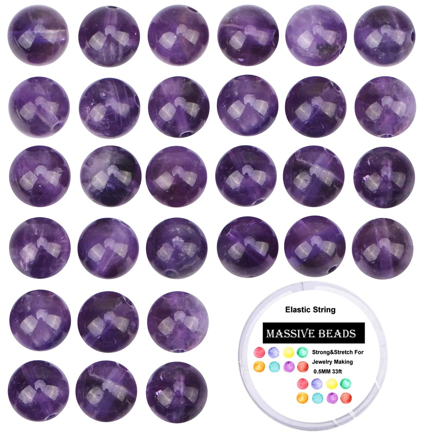100Pcs Natural Crystal Beads Stone Gemstone Round Loose Energy Healing Beads with Free Crystal Stretch Cord for Jewelry Making (Amethyst, 8MM)