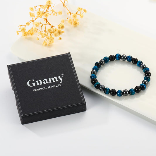 Gnamy Triple Protection Beaded Bracelet Bule Tiger Eye Hematite Bracelets Black Obsidian Bracelets Birthday Anniversary Valentines Healing Jewelry Gifts for Husband Boyfriend Lover Man