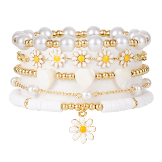 RISHEGAE White Daisy Bracelets for Women Stackable Gold Beads Bracelet Friendship Boho Summer Beach Heart Bracelets Stretch Heishi Beaded Jewelry Set
