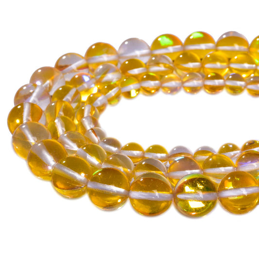 Asingeloo 60PCS 6mm Yellow Angel Aura Round Gemstones Polished Mermaid Aura Moonstone Beads Smooth Stone Loose Beads Crystal Quartz for DIY Jewelry Making 1 Strand 15”