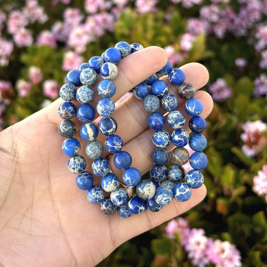 Adabele Real Natural Blue Impression Aqua Terra Sea Sediment Jasper Gemstone Beaded Bracelet 8 inch Stretch Chakra Healing Crystal Stone Jewelry Women Mom Gift GB8-C3