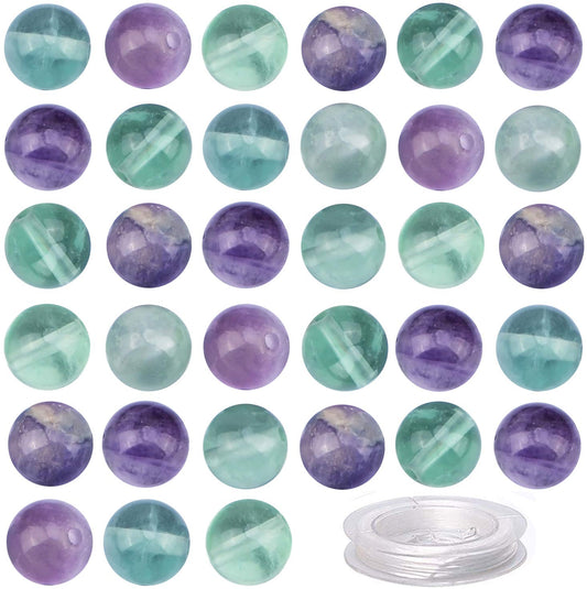 80Pcs Natural Crystal Beads Stone Gemstone Round Loose Energy Healing Beads with Free Crystal Stretch Cord for Jewelry Making (Flourite, 10mm)
