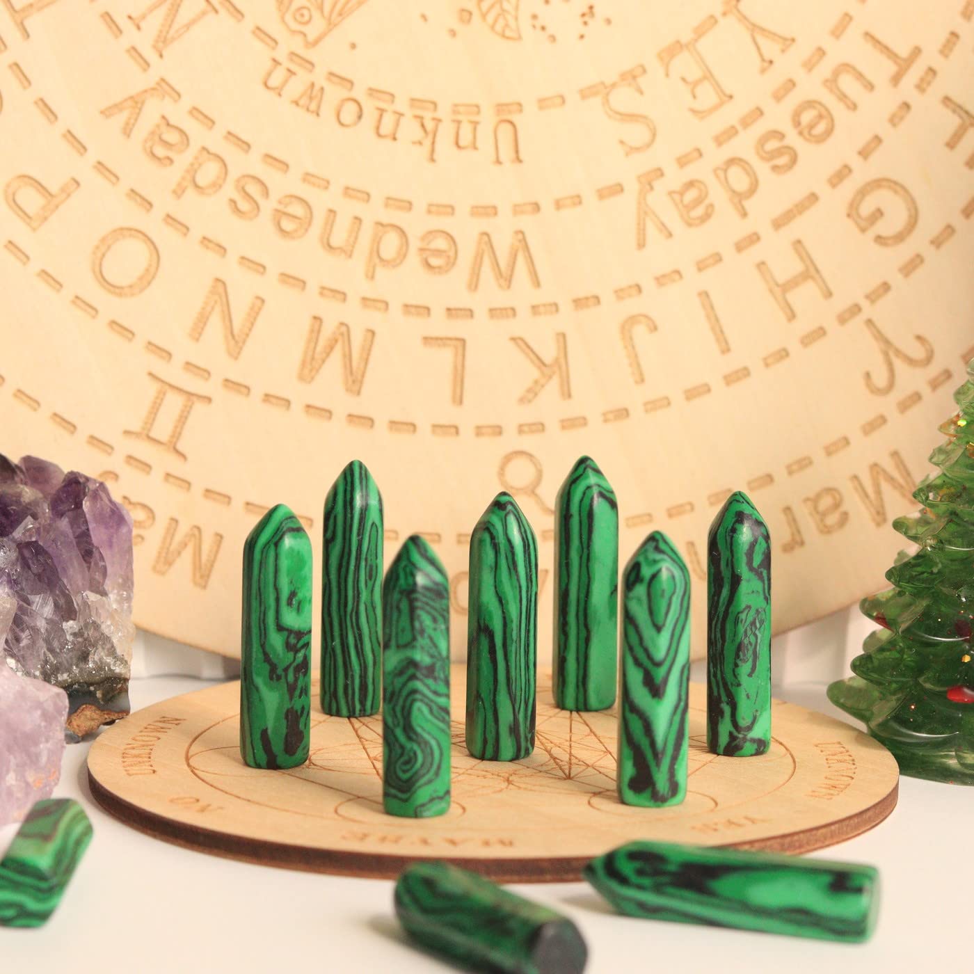 10PCS Malachite Natural Healing Crystals Stones Sets Polished Tumbled Pocket Gemstones Bulk Hexagonal Points Reiki Energy Balancing Chakra Meditation Therapy Desk Decor Gift